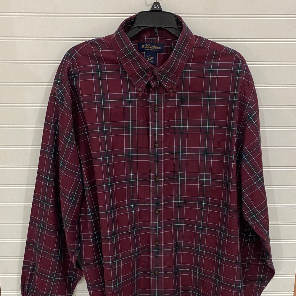 Brooks Brothers Burgundy and Green Plaid Button Down Dress Shirt